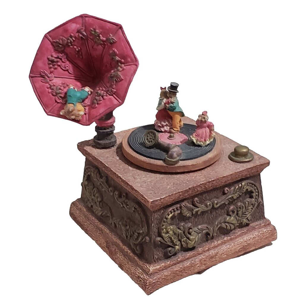Vtg Music & Motion box Gramophone Bears dancing moving around 6" H